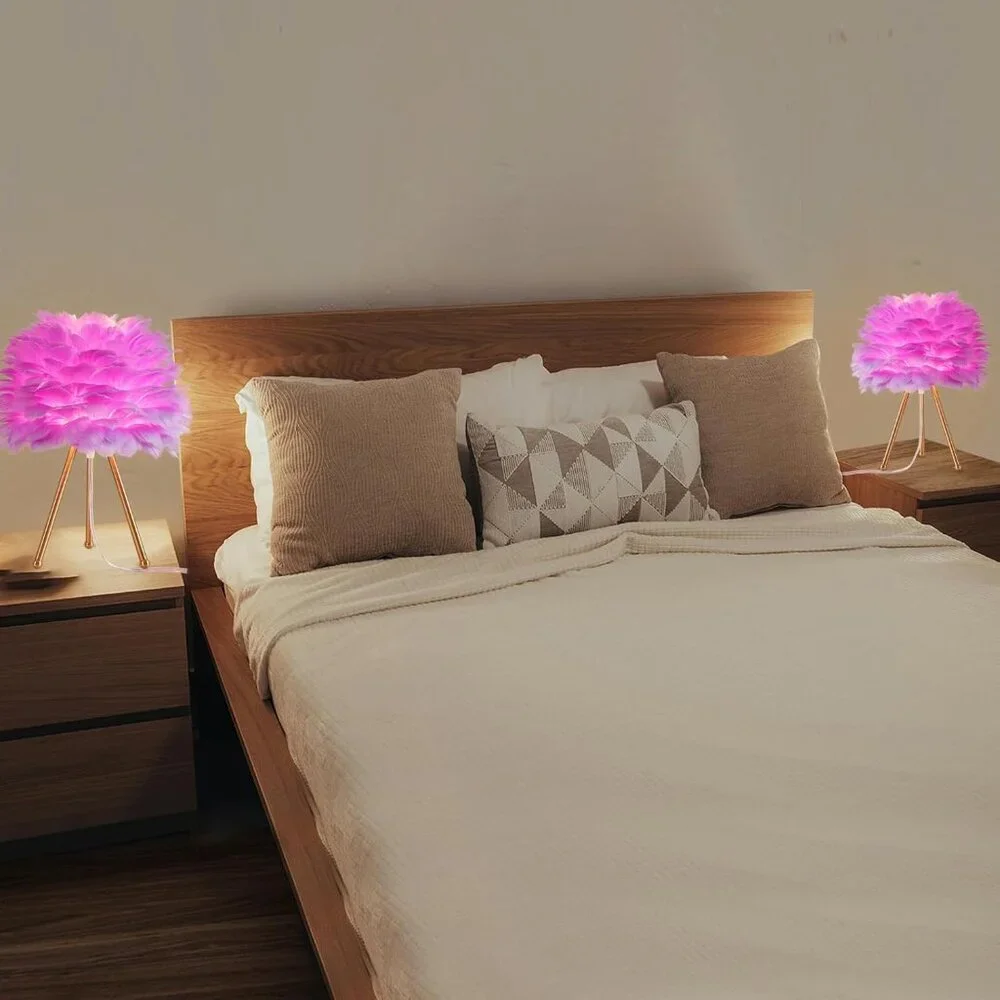 Purple Faux Feather Plumes Leaf Tripod Gold Modern Table Desk Lamp Home Decor